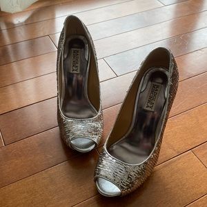 Badgley Mischka silver sequin heels